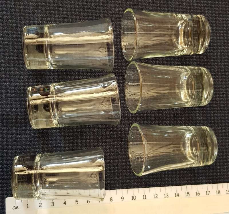 Glasses: Set of 6x shot glasses.  Clear glass.