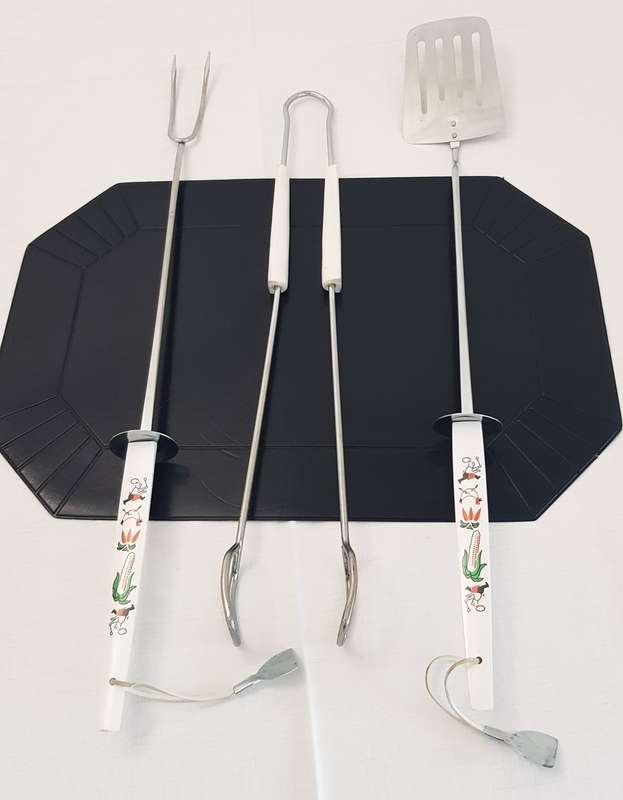 Vintage Steel Braai Utensil Set.  3pce.  As new.  Consists of: 1x Egg Lifter, 1x Fork and tongs.