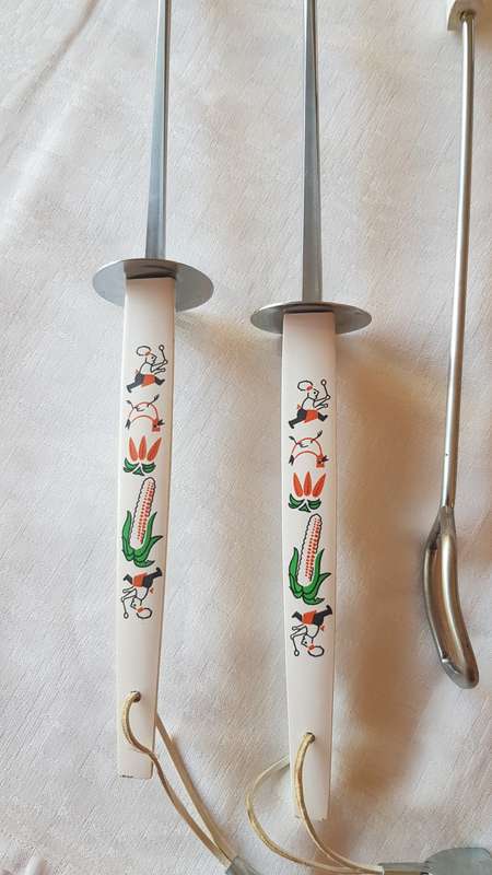 Vintage Steel Braai Utensil Set.  3pce.  As new.  Consists of: 1x Egg Lifter, 1x Fork and tongs.