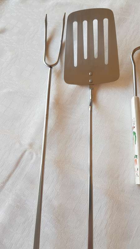 Vintage Steel Braai Utensil Set.  3pce.  As new.  Consists of: 1x Egg Lifter, 1x Fork and tongs.