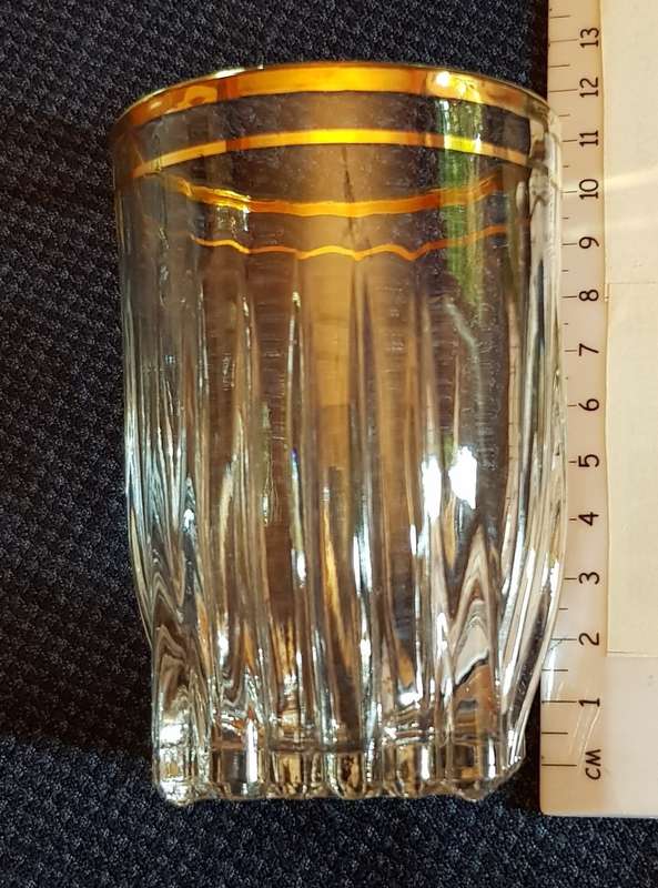 Vintage Heavy Bottom Type pressed glass drinking glasses with hand painted Gold Rim.  Circa 1960s.