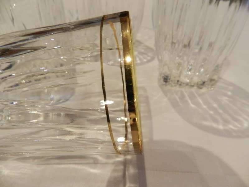 Vintage Heavy Bottom Type pressed glass drinking glasses with hand painted Gold Rim.  Circa 1960s.