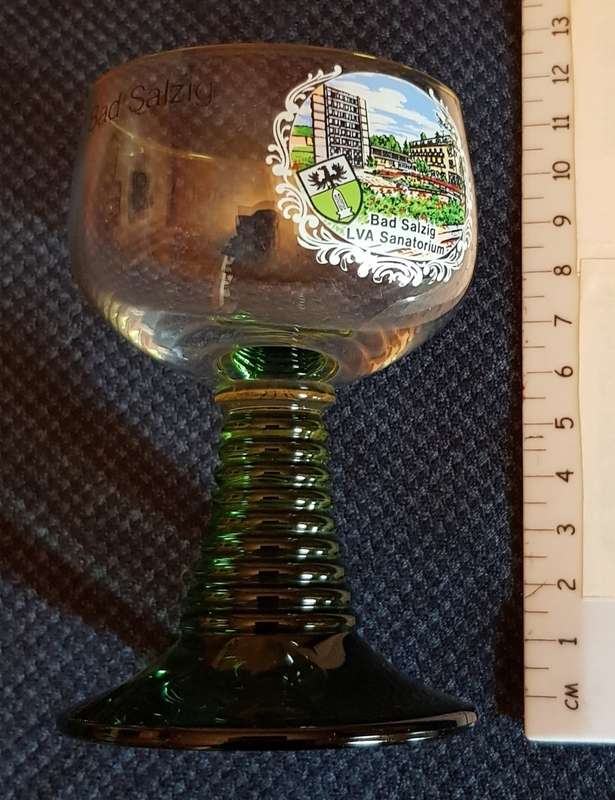 Vintage Glass: 1x footed glass with green base.  Souvenir of Bad Salzig