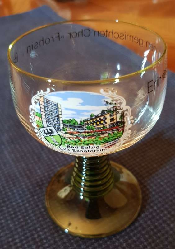 Vintage Glass: 1x footed glass with green base.  Souvenir of Bad Salzig