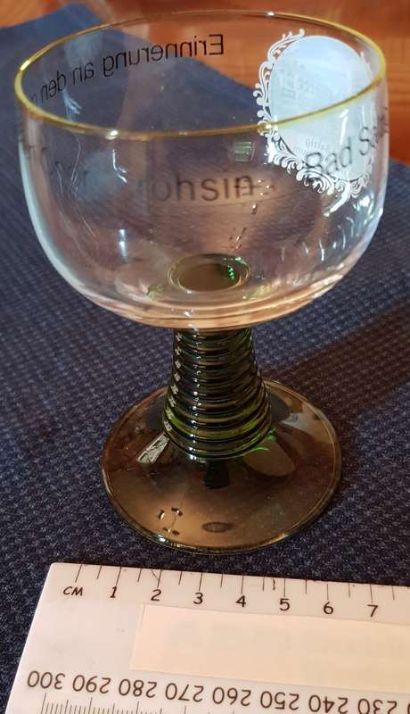 Vintage Glass: 1x footed glass with green base.  Souvenir of Bad Salzig