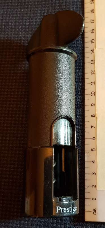 Black Plastic Wine opener by Prestige. Compact with no arms.