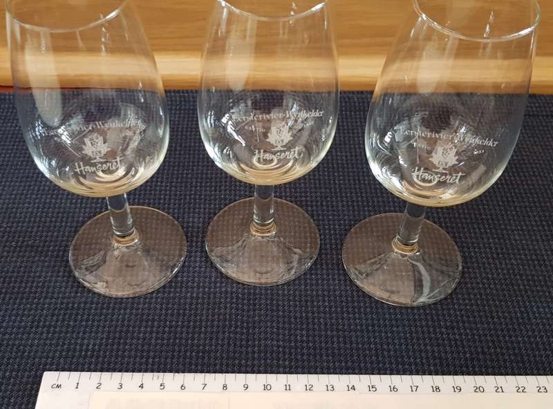 Glassess: 3x Stemmed small wine glasses etched Eersterivier Wynkelder Hanseret.