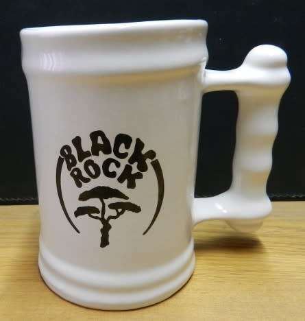 Ceramic Beer Tankard 500ml  White with black printing Black Rockand decorative handle.