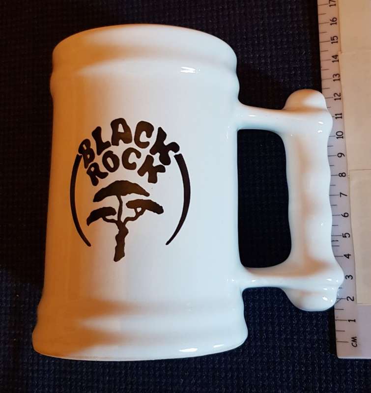 Ceramic Beer Tankard 500ml  White with black printing Black Rockand decorative handle.
