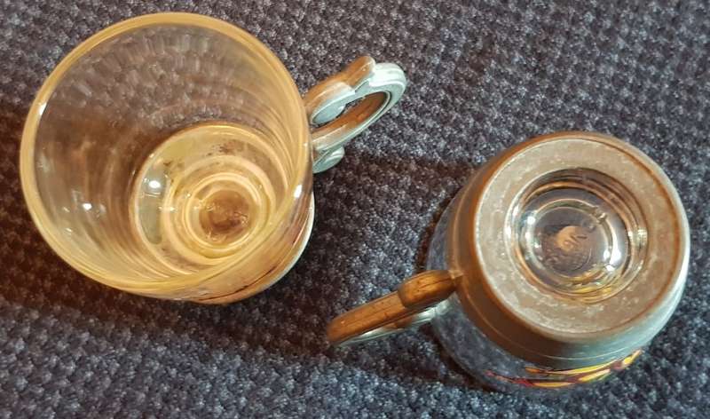 Glasses: Vintage set of 2x shot glasses with pewter base and hand painted design