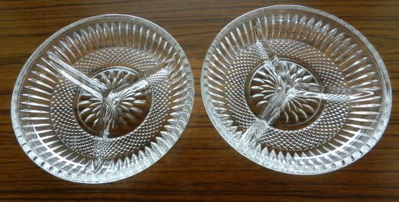 Vintage Set of 2x glass snack servers (same size). Decorative cut/depressed glass with ribbed desig