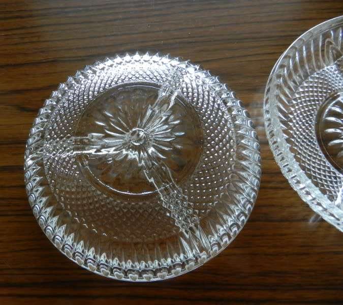 Vintage Set of 2x glass snack servers (same size). Decorative cut/depressed glass with ribbed desig