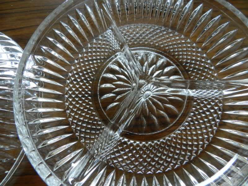 Vintage Set of 2x glass snack servers (same size). Decorative cut/depressed glass with ribbed desig