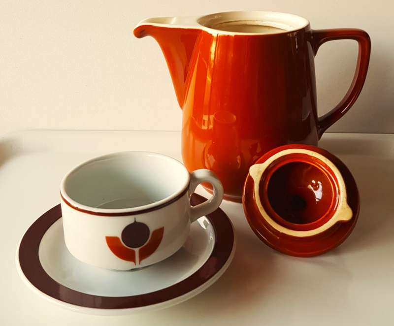 Vintage earthenware Coffee Pot with small cup and saucer. 1970s German made vintage Melitta