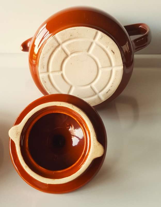 Vintage earthenware Coffee Pot with small cup and saucer. 1970s German made vintage Melitta