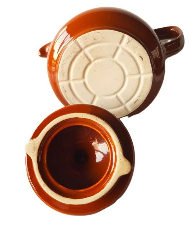 Vintage earthenware Coffee Pot with small cup and saucer. 1970s German made vintage Melitta