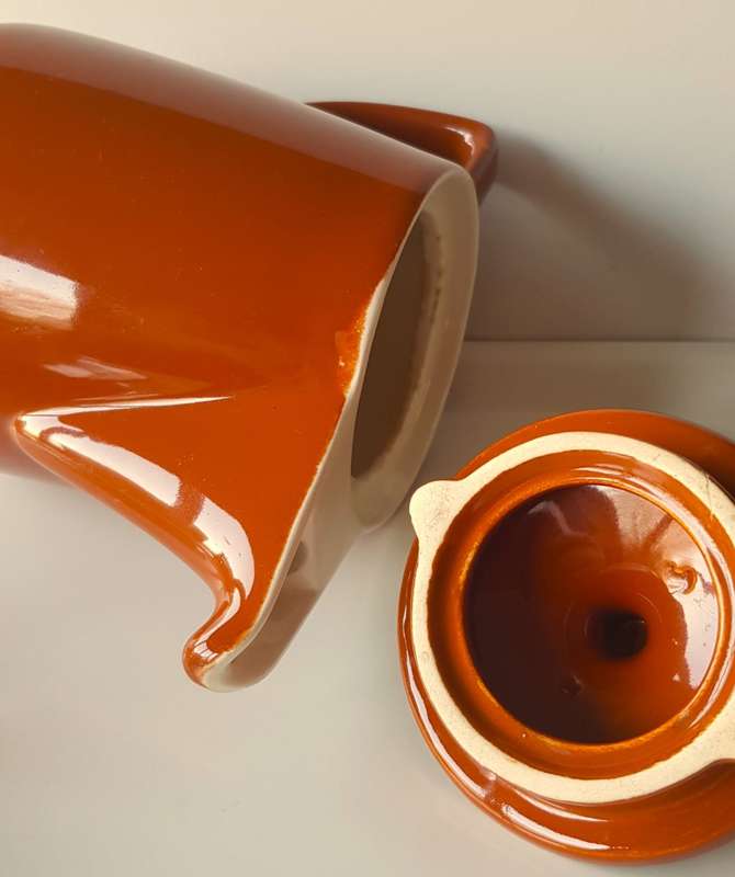 Vintage earthenware Coffee Pot with small cup and saucer. 1970s German made vintage Melitta