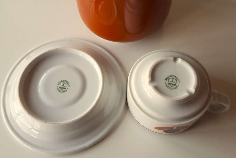 Vintage earthenware Coffee Pot with small cup and saucer. 1970s German made vintage Melitta