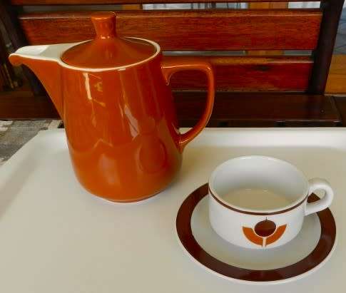 Vintage earthenware Coffee Pot with small cup and saucer. 1970s German made vintage Melitta