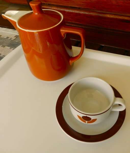 Vintage earthenware Coffee Pot with small cup and saucer. 1970s German made vintage Melitta