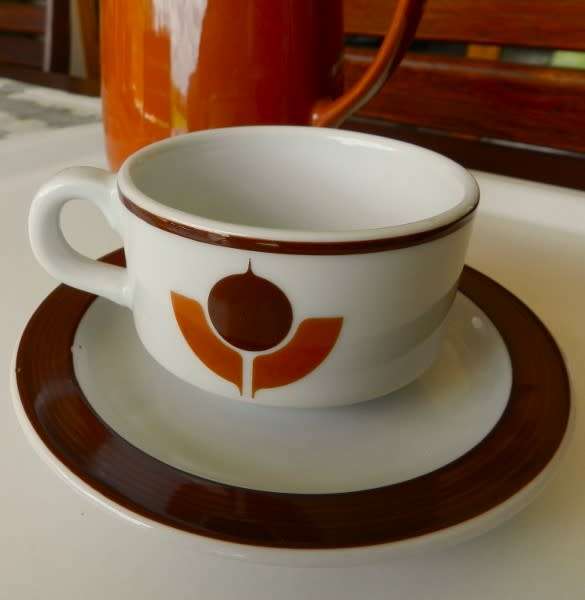 Vintage earthenware Coffee Pot with small cup and saucer. 1970s German made vintage Melitta