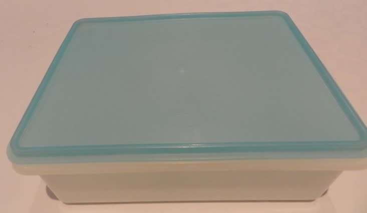 Freezette Plastic Large Rectangular container server/saver with light blue lid.