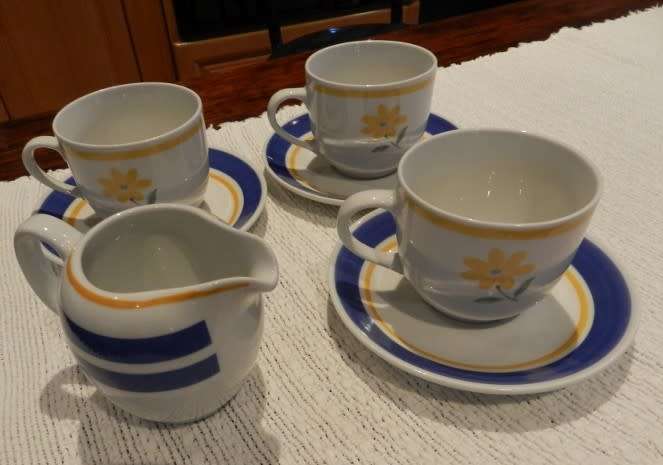 Continental Crockery Hotel Ware.  Tea set: consists of three cups and three saucers and milk jug.