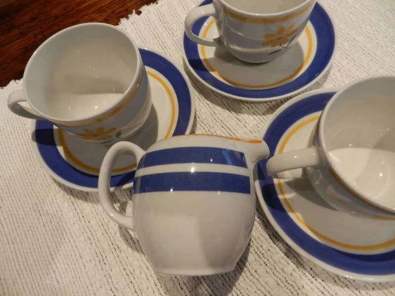Continental Crockery Hotel Ware.  Tea set: consists of three cups and three saucers and milk jug.