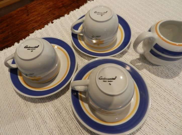 Continental Crockery Hotel Ware.  Tea set: consists of three cups and three saucers and milk jug.