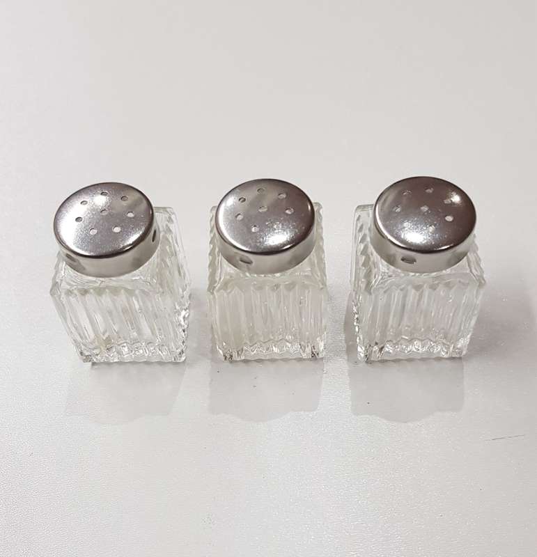 Set of 3x small glass dainty table salt/pepper cellars. Plain ribbed glass with stainless shaker top