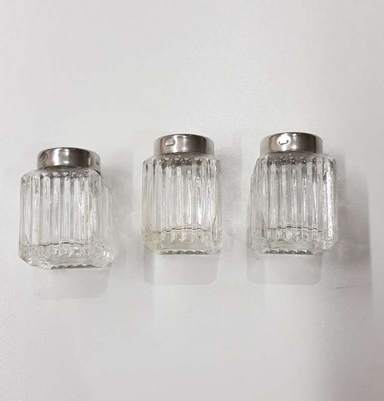 Set of 3x small glass dainty table salt/pepper cellars. Plain ribbed glass with stainless shaker top