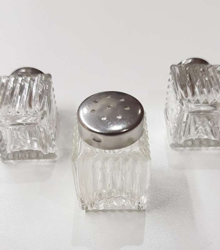 Set of 3x small glass dainty table salt/pepper cellars. Plain ribbed glass with stainless shaker top