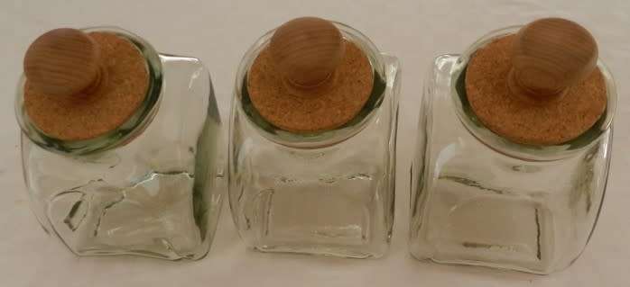 Clear glass Cereal Jars with cork lids and wooden knobs. 3x jar set.
