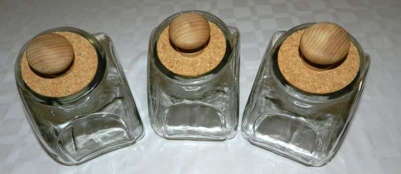 Clear glass Cereal Jars with cork lids and wooden knobs. 3x jar set.