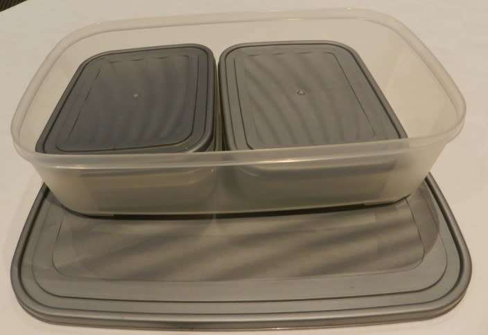 Plastic Rectangular storage container set. 10pce with grey lids. Make: Miss Molly Housewares.