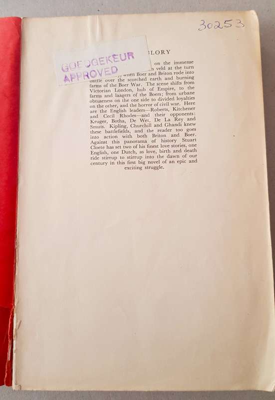 RAGS OF GLORY BY STUART CLOETE  ANGLO-BOER WAR  fiction.     Proof copy