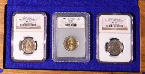 Mandela 2008 90th birthday Graded 3 coin set with one mint error in solid wood case