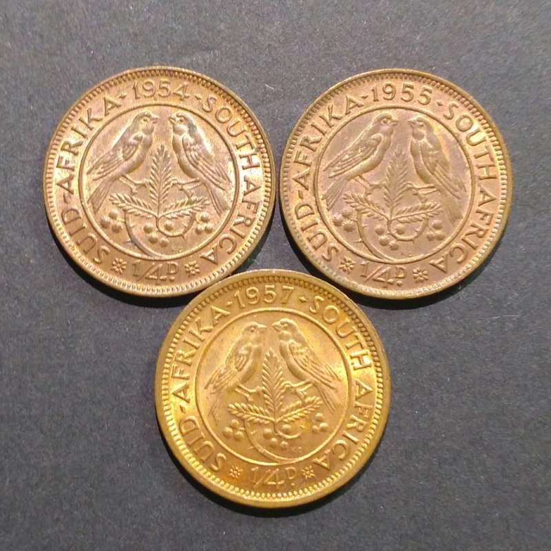 1954, 1955, 1957  Union of South Africa 1/4d - quarter pennies