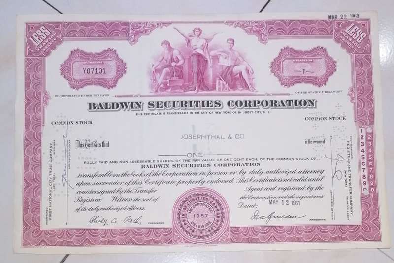 Stock / Bond SHARE CERTIFICATE - BALDWIN SECURITIES CORPORATION - 1961