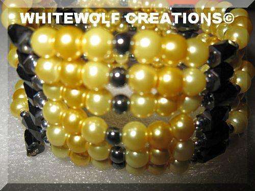 YELLOW COMBINATION GLASS PEARLS AND MAGNETIC HEMATITE WRAP 123 CM