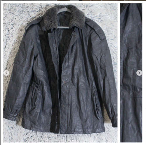 Beautiful Navy Leather Coat with Sheep`s Fur Collar