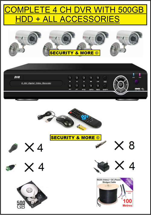COMPLETE 4CH DIY DVR WITH 500GB HDD + 4 CAMERAS + CABLE & ACCESSORIES