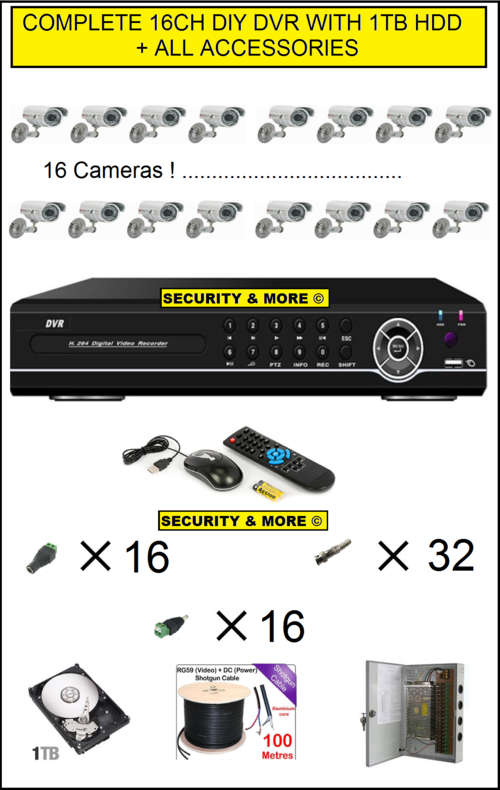 *** COMPLETE 16CH DIY DVR WITH 1TB HDD+ 16 CAMERAS + CABLE & ACCESSORIES *** WOW ! ***
