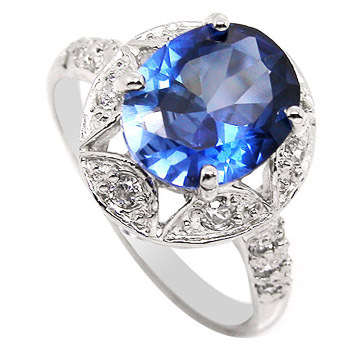 SOLID 14K WHITE GOLD RING SET WITH OVAL BLUE SAPPHIRE & WHITE TOPAZ