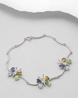 "SALE!"100% GENUINE AMETHYST,PERIDOT,BLUE TOPAZ & CITRINE BUTTERFLY BRACELET -  925 STERLING SILVER