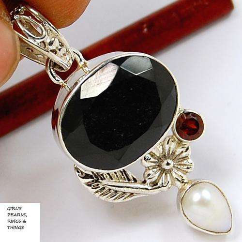 GENUINE BLACK ONYX, GARNET & PEARL PENDANT CRAFTED IN HALLMARKED 925 STERLING SILVER