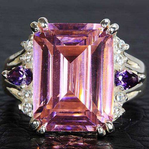EMERALD CUT RAINBOW PINK TOPAZ CZ ,AMETHYST CZ & WHITE CZ RING IN SILVER