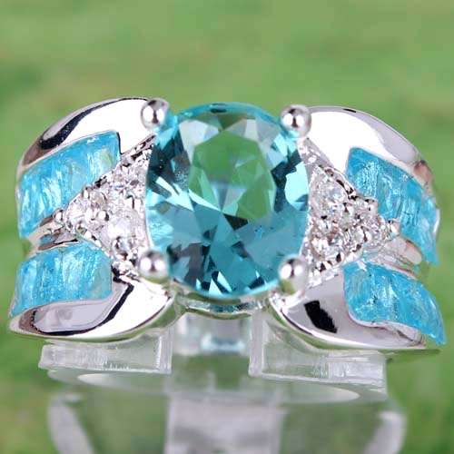 BLUE TOPAZ CZ & WHITE TOPAZ CZ RING IN SILVER
