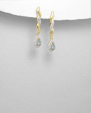 "100% GAURANTEE" 14k YELLOW GOLD VERMEIL WITH GENUINE WHITE DIAMOND & GENUINE SKYBLUE TOPAZ EARRINGS