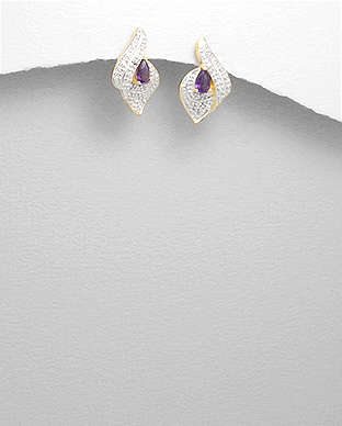 "100% GAURANTEE" 14k YELLOW GOLD VERMEIL WITH GENUINE WHITE DIAMOND & GENUINE AMETHYST EARRINGS